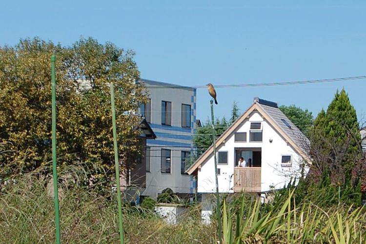 ナチュラルな自然素材の木の家の注文住宅の、小さな三角屋根の家